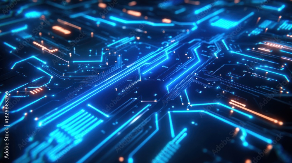 Futuristic circuit board design showcasing intricate patterns and vibrant blue lights. Ideal for tech-themed projects or presentations. Futuristic circuit board design showcasing intricate patterns and vibrant blue lights. Ideal for tech-themed projects or presentations.