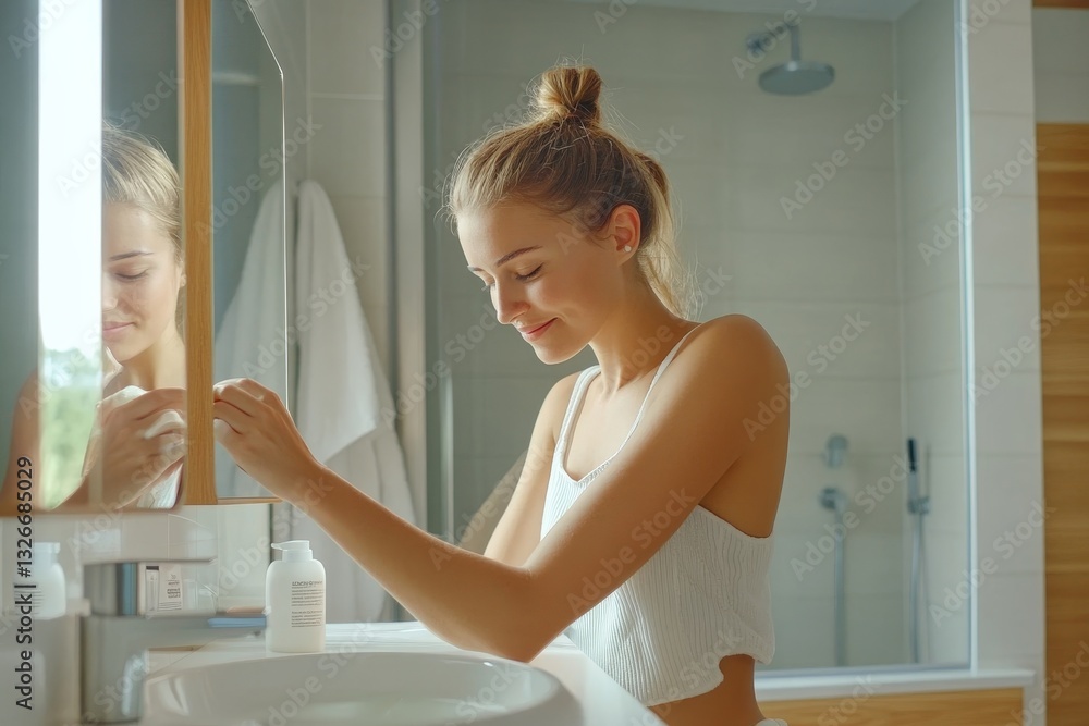 Young Woman Cleansing Face Gentle Skincare Routine Bathroom Mirror girl wash fresh beauty pretty Young Woman Cleansing Face Gentle Skincare Routine Bathroom Mirror girl wash fresh beauty pretty