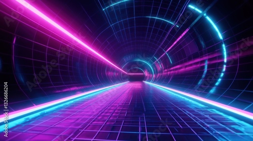 Wallpaper Mural Neon Tunnel Abstract Background with Geometric Polygon Structure and Vibrant Light Beams for Futuristic Advertising and Product Display Torontodigital.ca