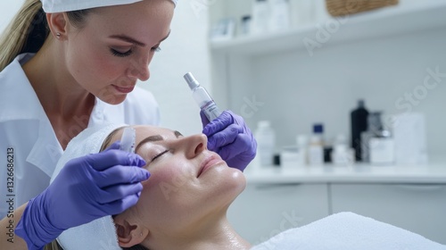 Skincare specialist performing non-invasive PRP therapy for facial firming and hydration captured in a clinical white setting with high-definition accuracy.