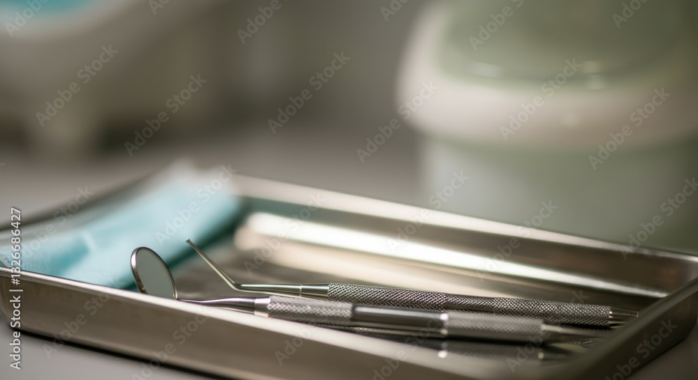 Dental care tools on tray in clinic setting Dental care tools on tray in clinic setting