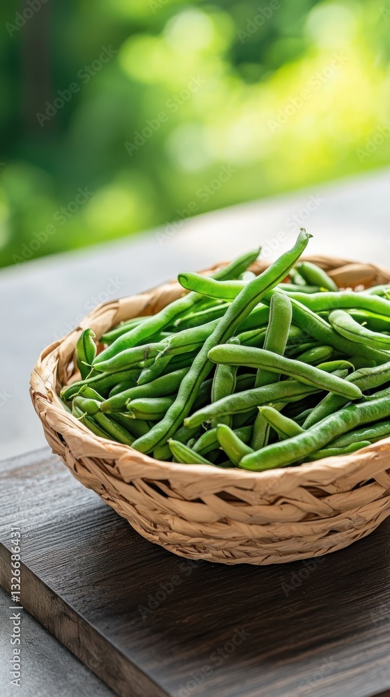 Crisp certified organic green beans in a basket soft daylight still life natural setting side angle view Crisp certified organic green beans in a basket soft daylight still life natural setting side angle view