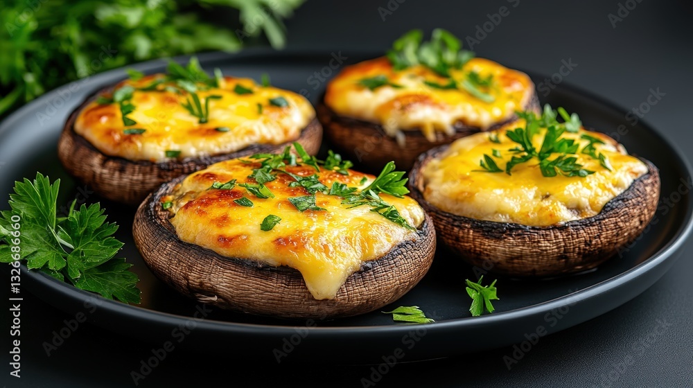 Baked mushrooms topped with melted cheese and herbs served on a black plate, garnished with fresh green parsley. Baked mushrooms topped with melted cheese and herbs served on a black plate, garnished with fresh green parsley.