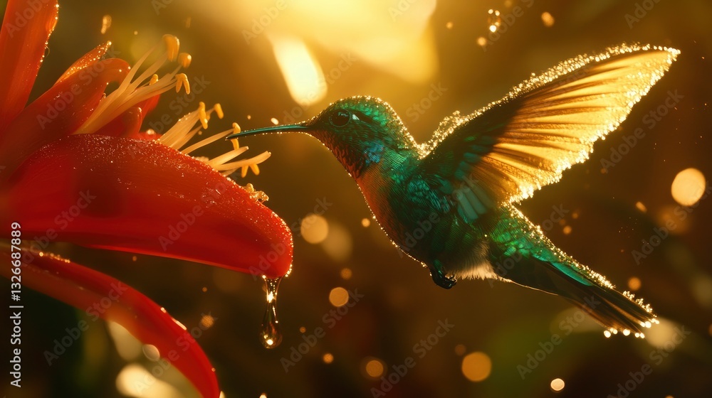 Fototapeta premium A mesmerizing close-up shot of a shimmering emerald green hummingbird, suspended in mid-air as it sips nectar