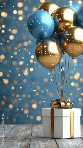 Festive celebration with golden and blue balloons beside a gift box on a wooden table during a party atmosphere
