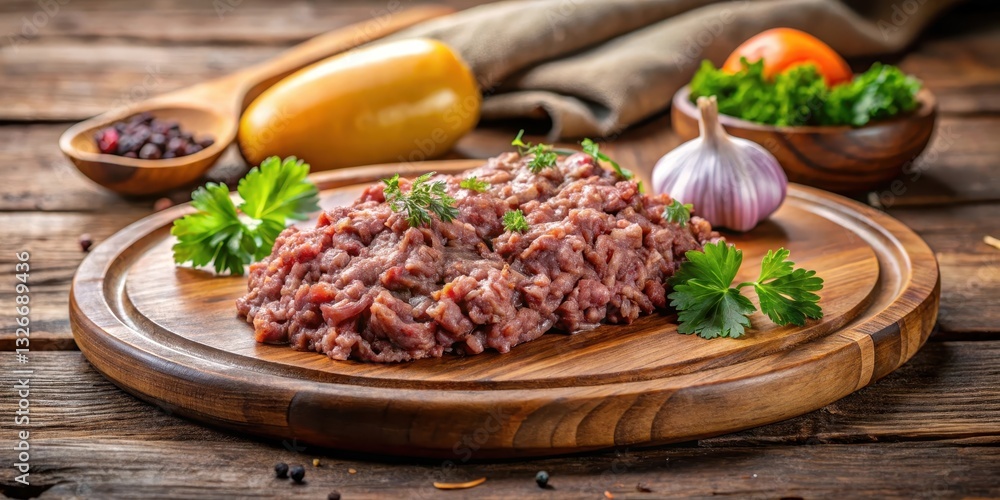 Traditional German dish made from ground meat and served on a wooden platter Traditional German dish made from ground meat and served on a wooden platter