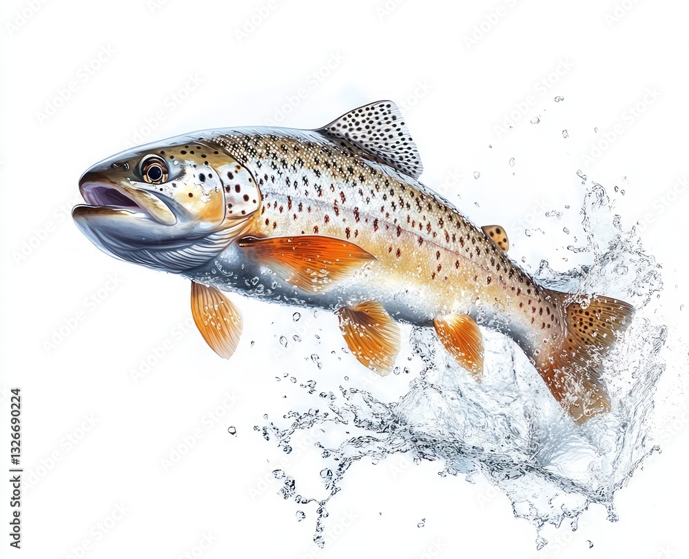 Trout Leaping with Water Splash on White Background Trout Leaping with Water Splash on White Background