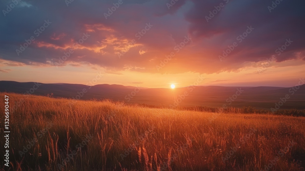 Fototapeta premium Golden Sunset Over Grassy Hills