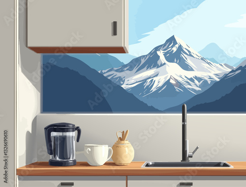 an illustration of a kitchen with a view of a mountain range in the distance