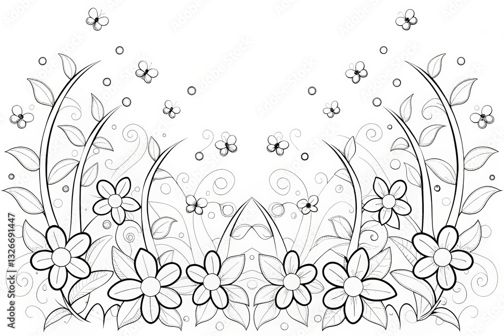 Garden theme, Floral design featuring flowers and delicate vines in a decorative pattern. Outline for coloring Garden theme, Floral design featuring flowers and delicate vines in a decorative pattern. Outline for coloring