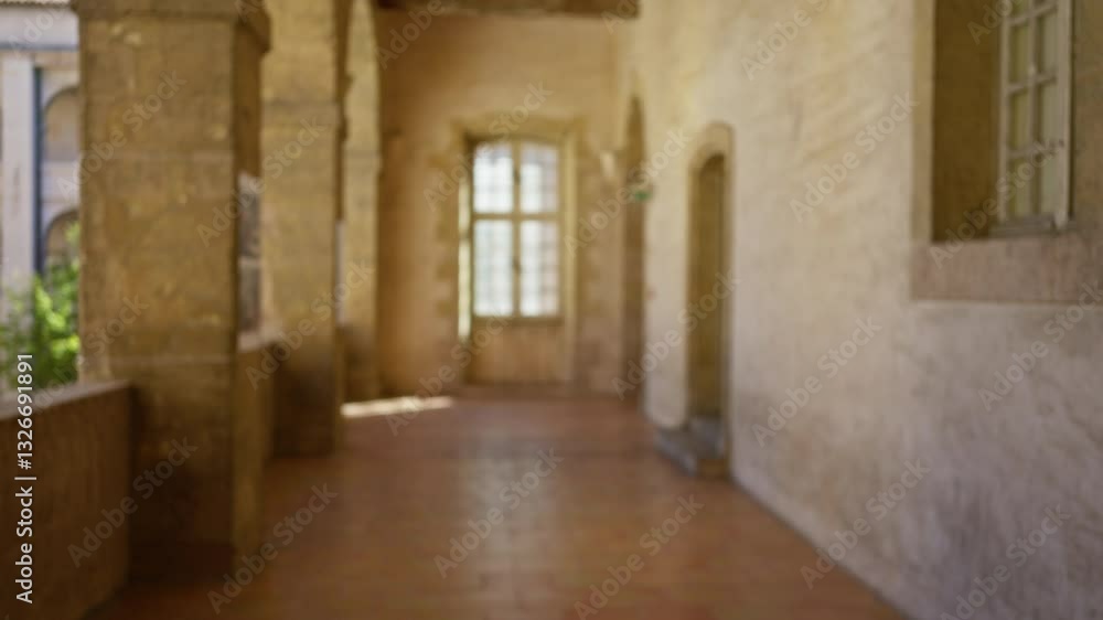 Blurry hallway scene with arched windows and stone walls on an old university campus during daylight, creating a serene outdoor atmosphere. Blurry hallway scene with arched windows and stone walls on an old university campus during daylight, creating a serene outdoor atmosphere.