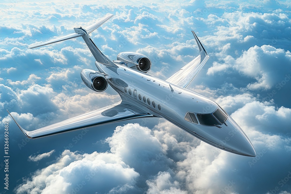 Obraz premium An elegant private jet soaring high above the fluffy cloud cover