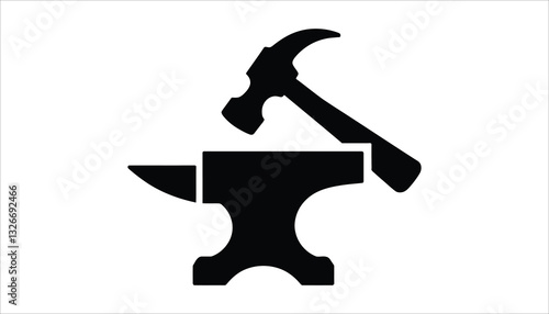 Blacksmith Icon. Anvil, Hammer, and Forge Tools Silhouette Vector.