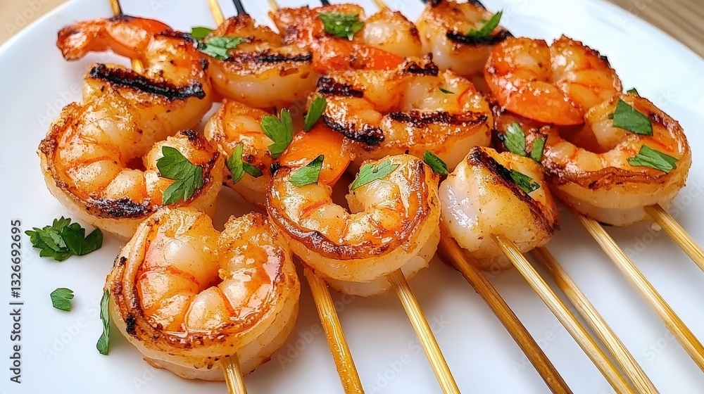 Grilled shrimp skewers garnished with herbs, served on a plate, highlighting a delicious seafood dish perfect for gatherings. Grilled shrimp skewers garnished with herbs, served on a plate, highlighting a delicious seafood dish perfect for gatherings.