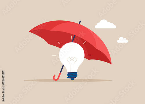 Idea protection. Light bulb under the insurance umbrella. Flat modern vector illustration