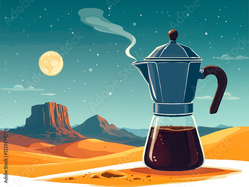 an illustration of a coffee pot in the desert with a full moon in the background