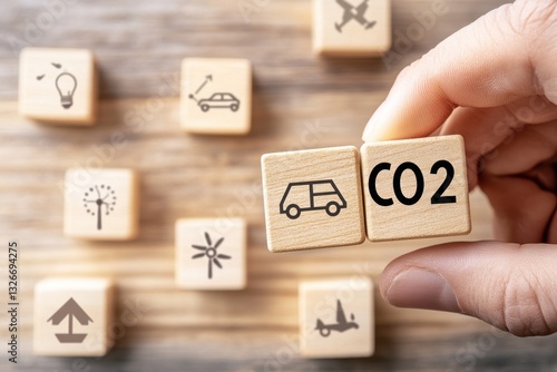 Exploring carbon reduction through energy use icons on wooden blocks with CO2 label and downward arrow gesture