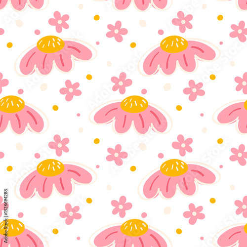 Pink Daisy Flower Seamless Pattern with Soft Yellow Accents – Great for Textile, Invitations, and DIY Crafts