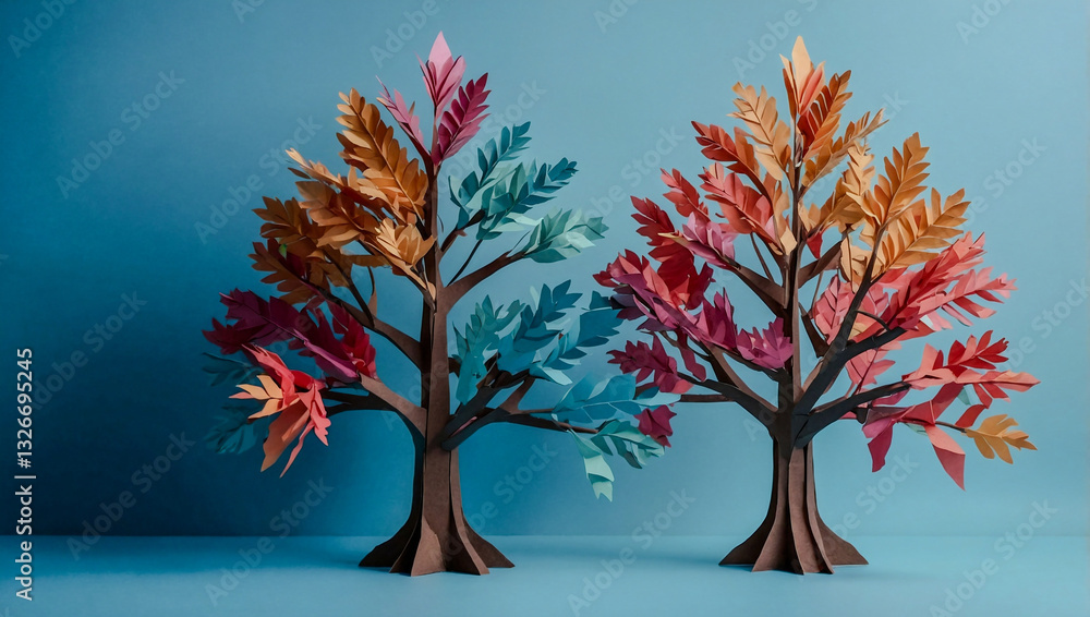 Naklejka premium Colorful paper tree on a blue background.