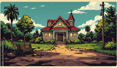 a picture of a house in the middle of a road with trees and bushes in the background