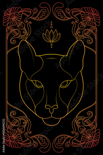 Luxury Art Nouveau Puma Gold on Black Art. Vintage Black and White Animal Illustration. Royal Tarot Deck Design.