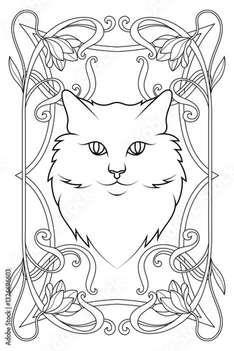 Royal Art Nouveau Cat Coloring Page. Vintage Black and White Animal Illustration. Luxury Tarot Deck Design.