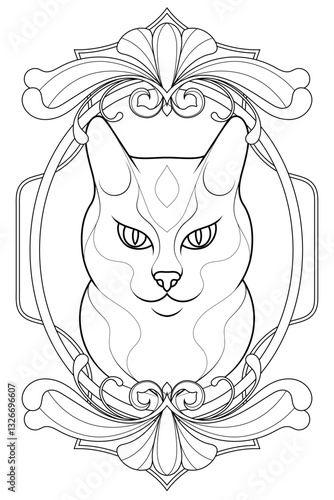 Royal Art Nouveau Cat Coloring Page. Vintage Black and White Animal Illustration. Luxury Tarot Deck Design.