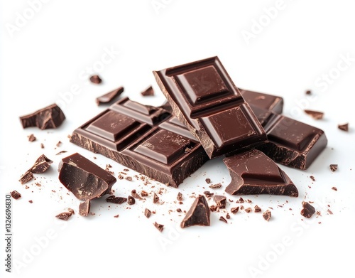 Broken Chocolate Bar Isolated on White Background with Dramatic Lighting and Hyper-Detailed Texture