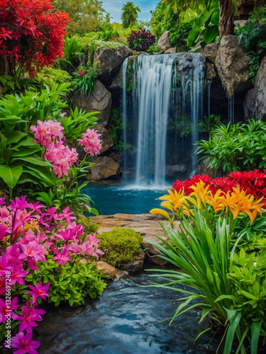 Colorful paradise garden with a waterfall and flowers.