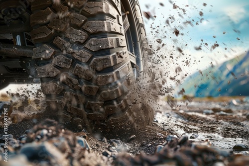 Off-road tire kicking up mud and gravel. Neural network AI generated