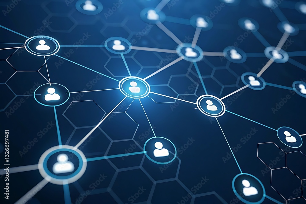 Digital network communication concept with connected icons representing global technology, online community, and social media networking Digital network communication concept with connected icons representing global technology, online community, and social media networking