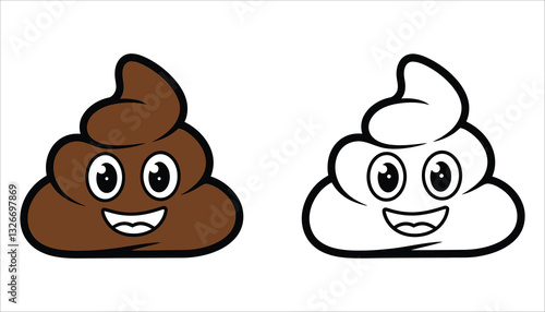 Funny Poop Emoji Vector.  Smiling Feces, Cartoon Turd, and Cute Dung Icon.