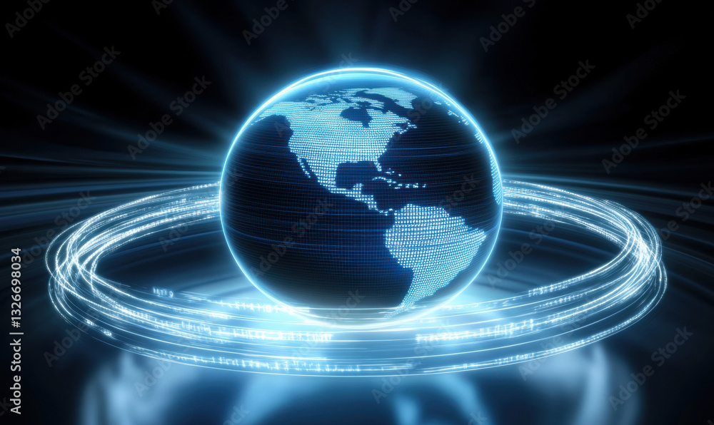 glowing digital globe with blue and white color scheme, surrounded by light rings, representing global connectivity and technology glowing digital globe with blue and white color scheme, surrounded by light rings, representing global connectivity and technology