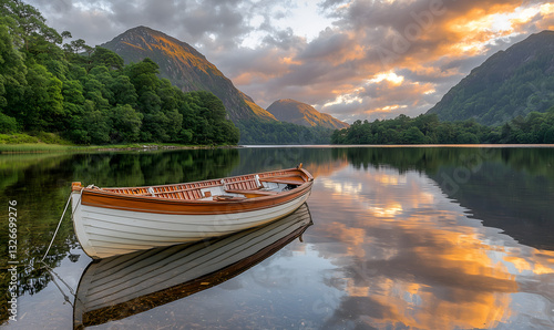 A serene boat rests on a tranquil lake, surrounded by lush mountains and a colorful sunset reflecting on the water's surface.