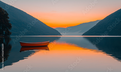 A serene lake at sunset with a solitary red boat, surrounded by mountains reflecting warm hues on calm water.