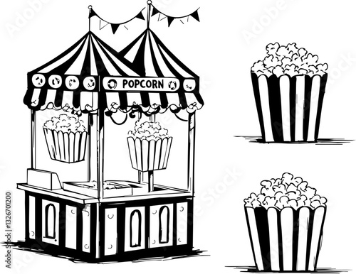 Popcorn stand at county fair food cart outdoor event vibrant atmosphere close-up joyful snacking experience