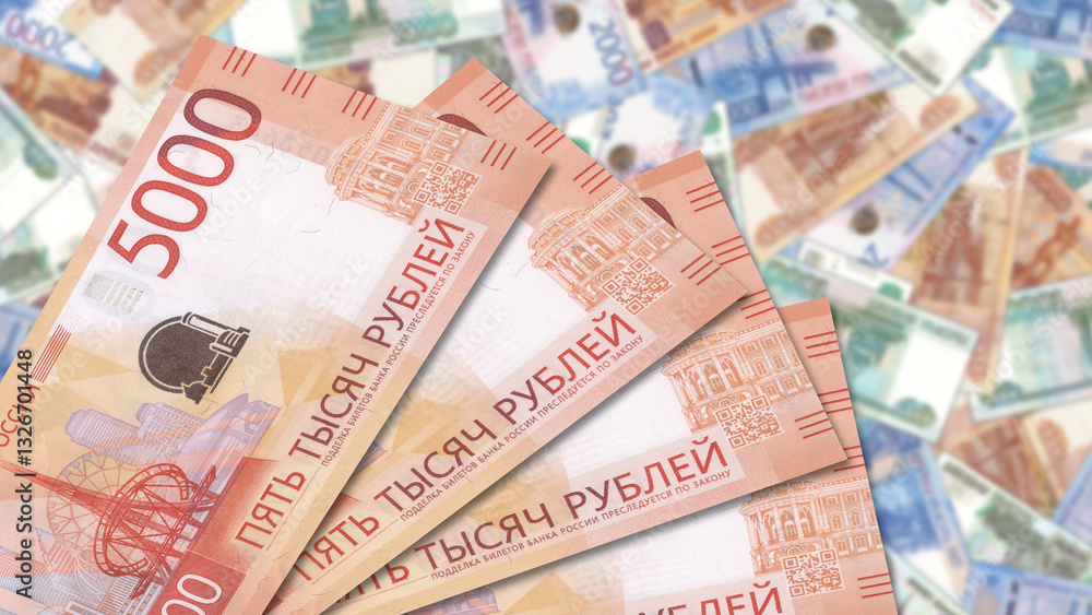 Business illustration. Banknotes of Russian Federation, new design, 5000 ruble denomination 2023. Obverse. Paper money of Russia. Russian monetary tickets. Blurred notes