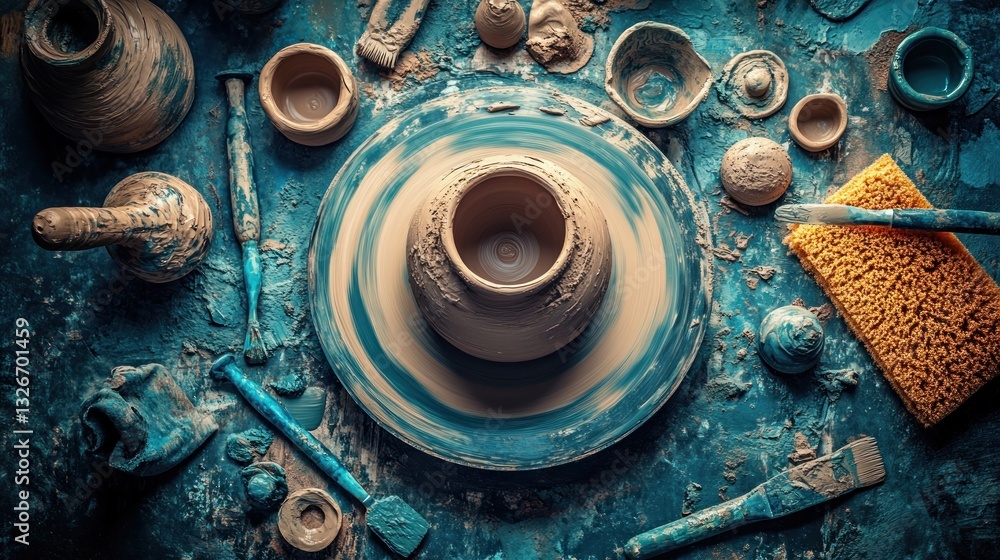 Pottery Workshop, Clay on Wheel, Tools, Blue Surface Pottery Workshop, Clay on Wheel, Tools, Blue Surface