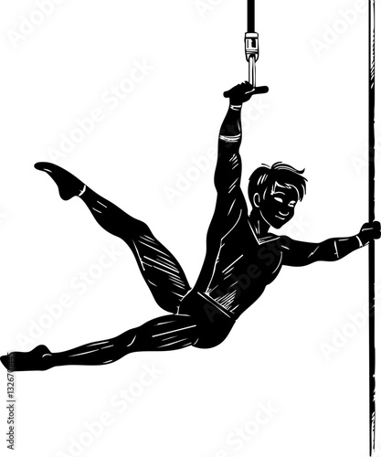 Dynamic acrobat performs aerial stunts circus arena illustration dramatic setting side view artistry in motion