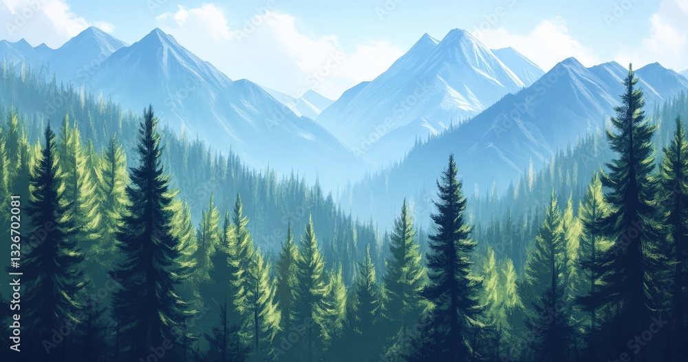 Fototapeta premium A beautiful forest set in the mountains with towering peaks
