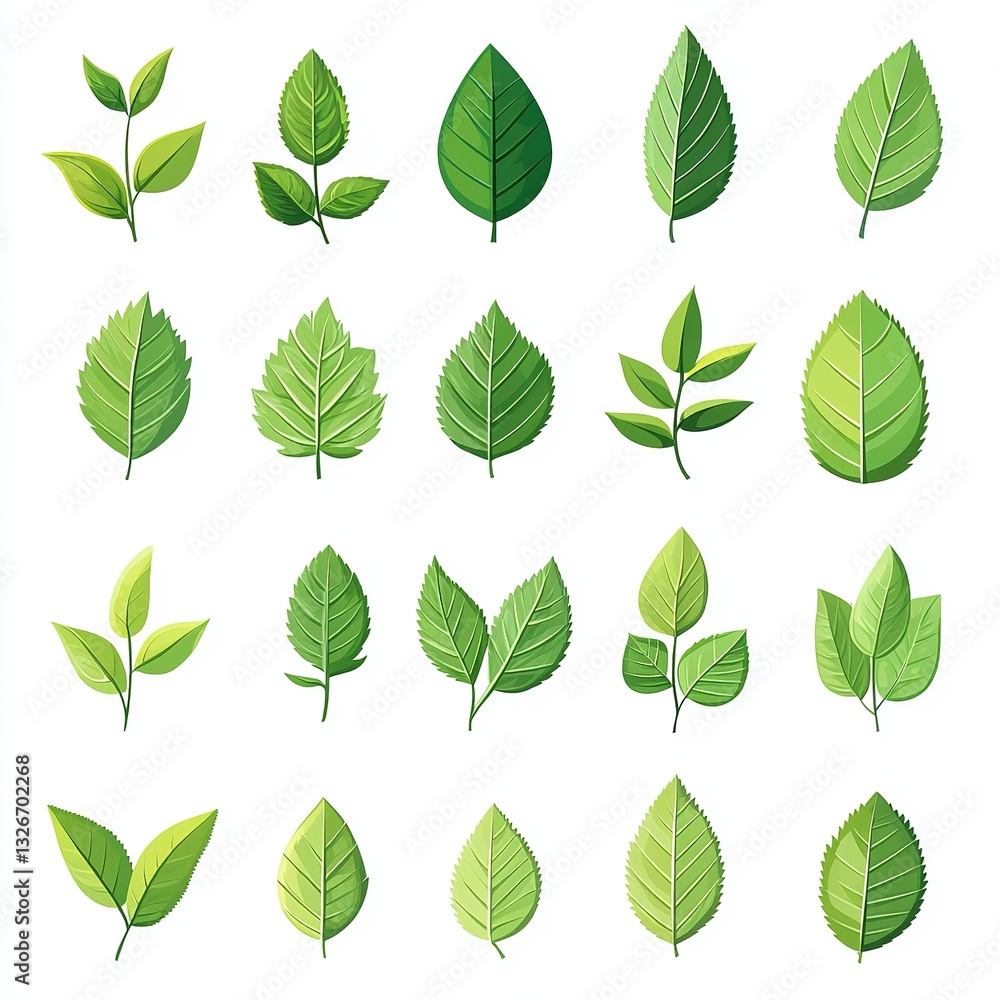 Green leaf vector icon set isolated on white background, simple flat design logo style. Collection of green tea leaves symbols for natural, organic products, and environmental protection concepts. Per Green leaf vector icon set isolated on white background, simple flat design logo style. Collection of green tea leaves symbols for natural, organic products, and environmental protection concepts. Per