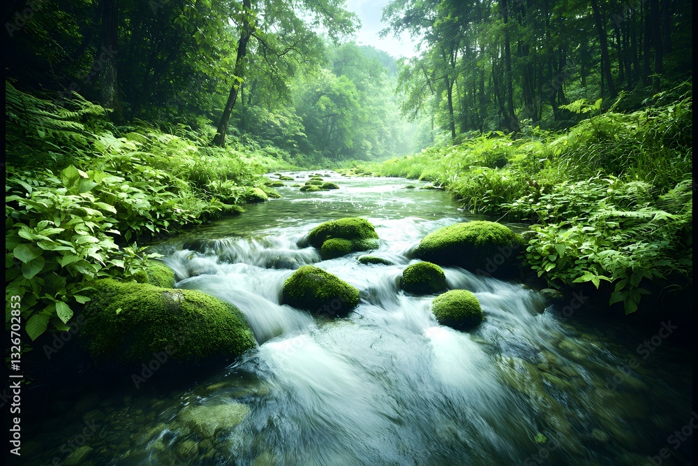 Fototapeta premium Tranquil Flowing Stream Surrounded by Lush Green Nature Scene