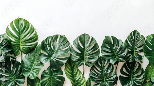 A row of vibrant green Monstera leaves arranged against a white backdrop, creating a fresh and natural aesthetic.
