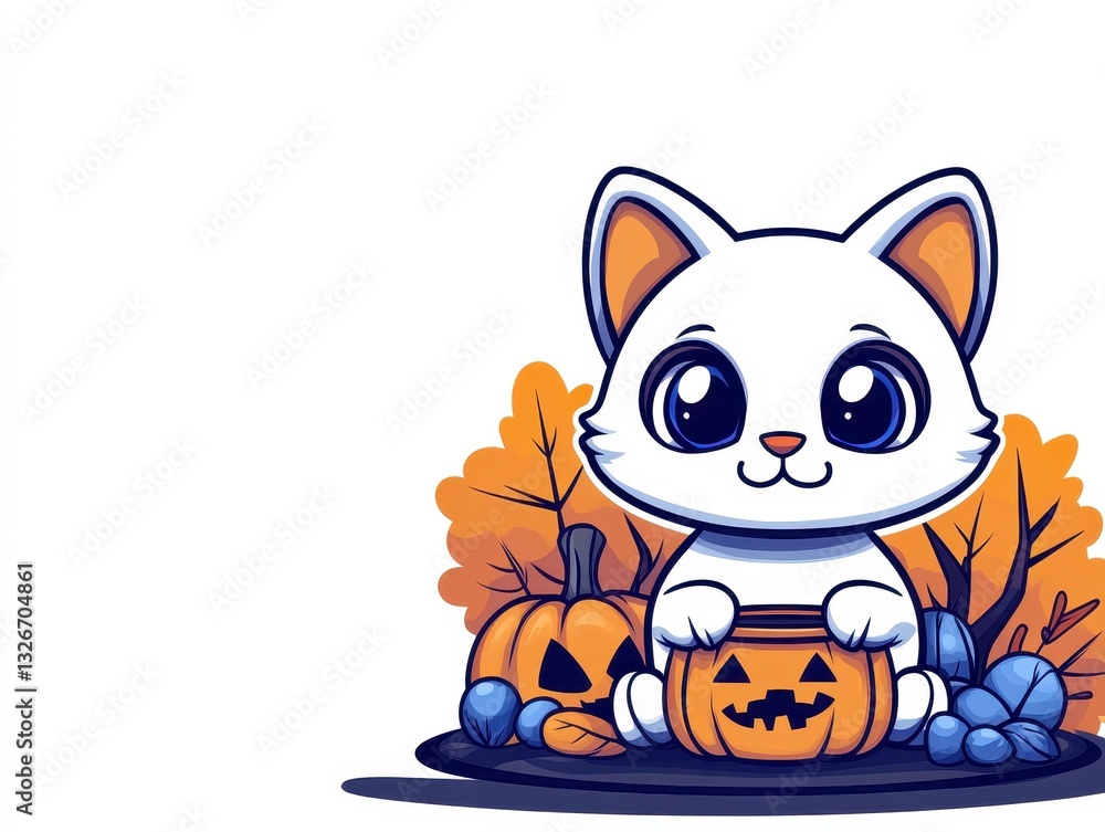 Cute cartoon cat sitting with a Halloween pumpkin among autumn leaves Cute cartoon cat sitting with a Halloween pumpkin among autumn leaves