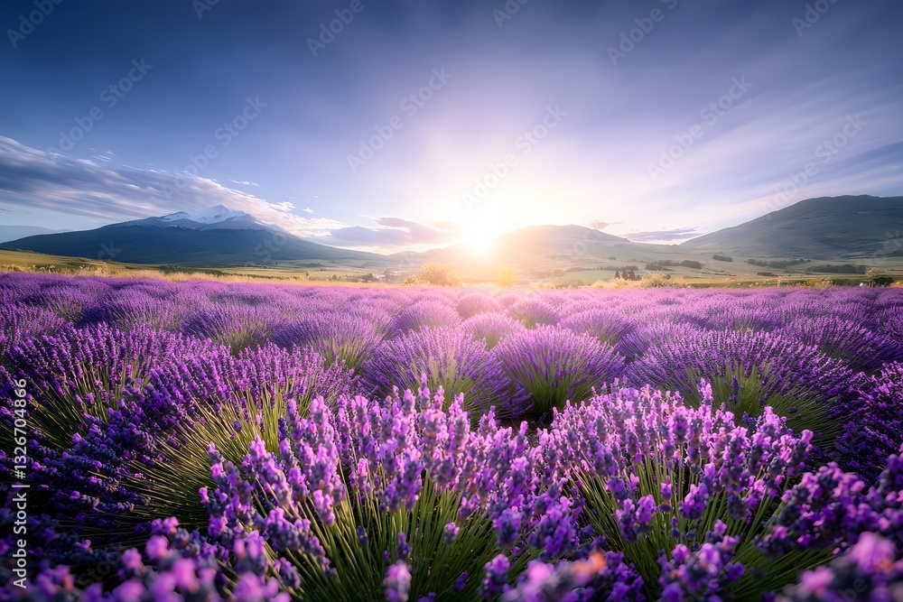 Fototapeta premium Vibrant Lavender Fields Under a Bright Sunrise in Nature Landscape