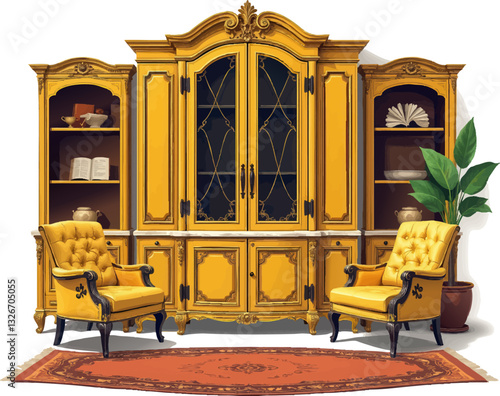 an image of a living room with a yellow chair and a yellow bookcase
