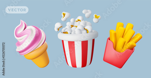 Vector illustration of set of realistic fast food icon. Bucket of pop corn, french fries and ice cream. 3d style design of popcorn bucket, ice cream and box of french fries. Cinema fast food icon