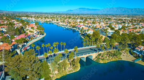 Canvas Print Aerial of Suburban Lake and Bridge in Las Vegas Nevada