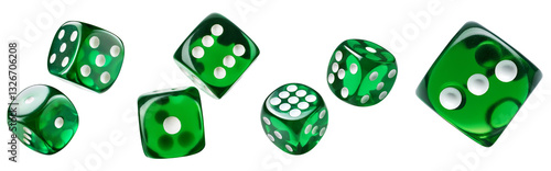 A vibrant collection of green dice in various positions for gaming fun.