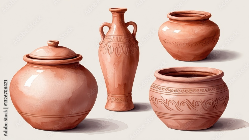 Collection of Terracotta Pottery Jars Pots and Amphoras with Intricate Designs Collection of Terracotta Pottery Jars Pots and Amphoras with Intricate Designs